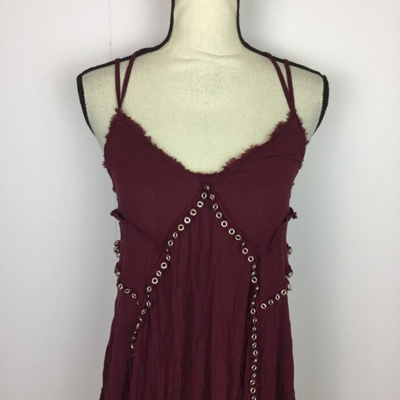Free People Slip Dress Sz M Red Burgundy Trapeze V-Neck Studded Cross Ba… - Picture 4 of 16